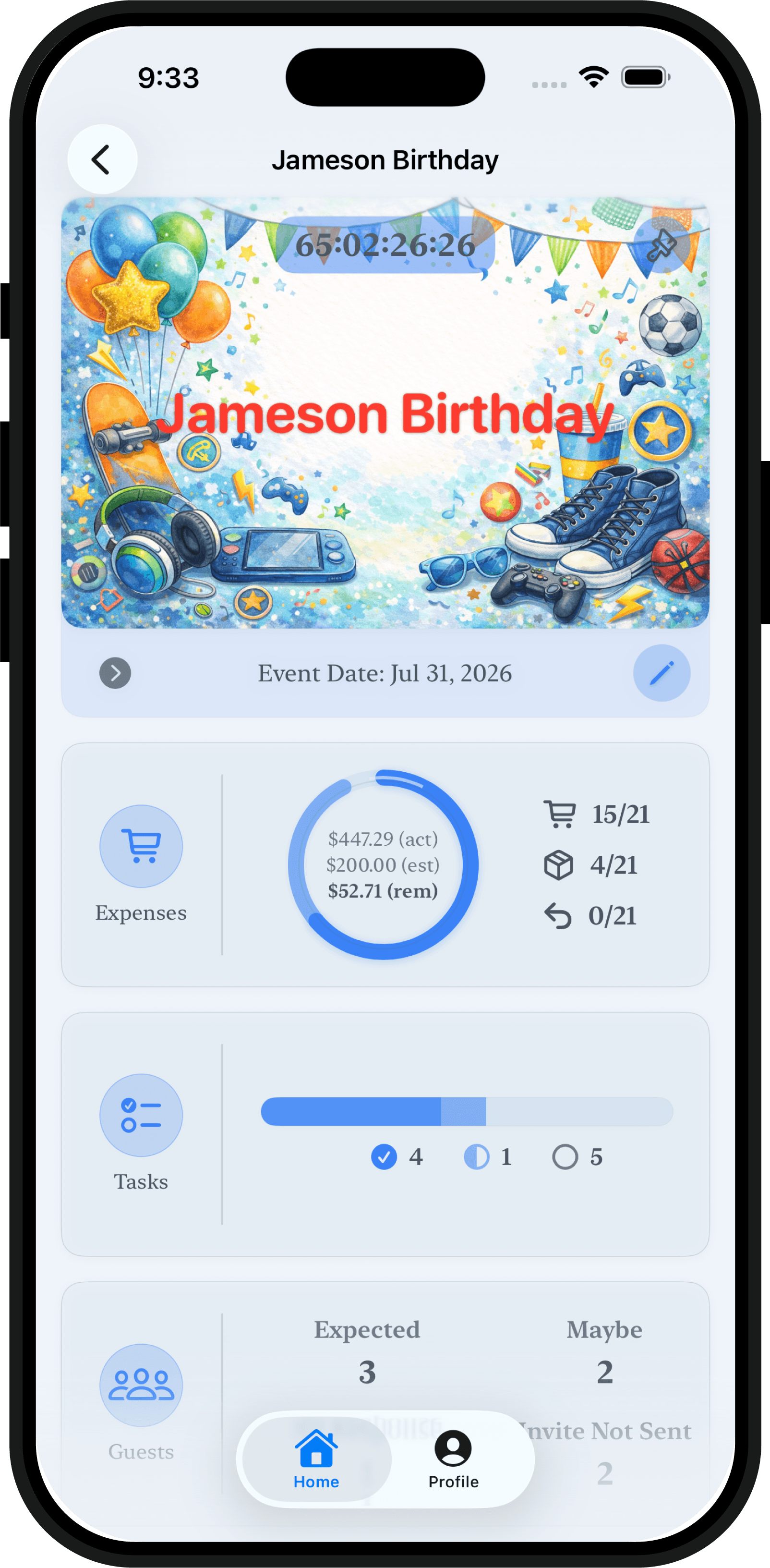 myEventCopilot event detail screen with date, location, and plans