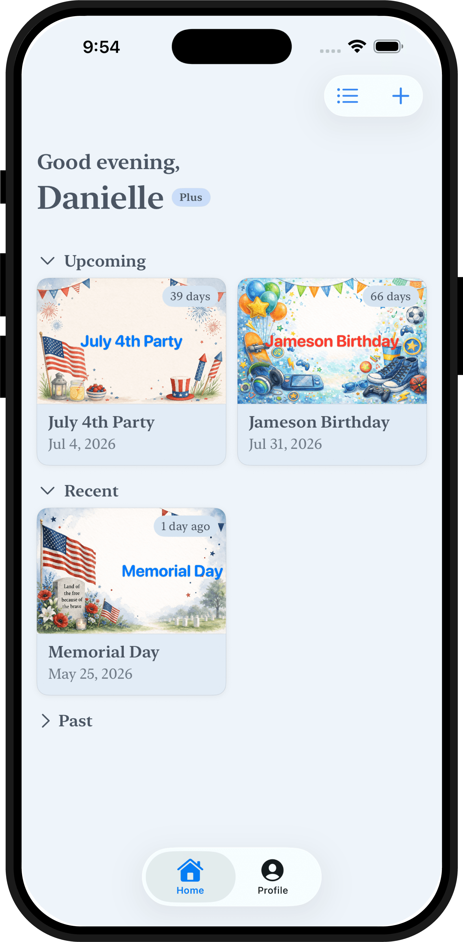 myEventCopilot home screen showing an upcoming family event overview