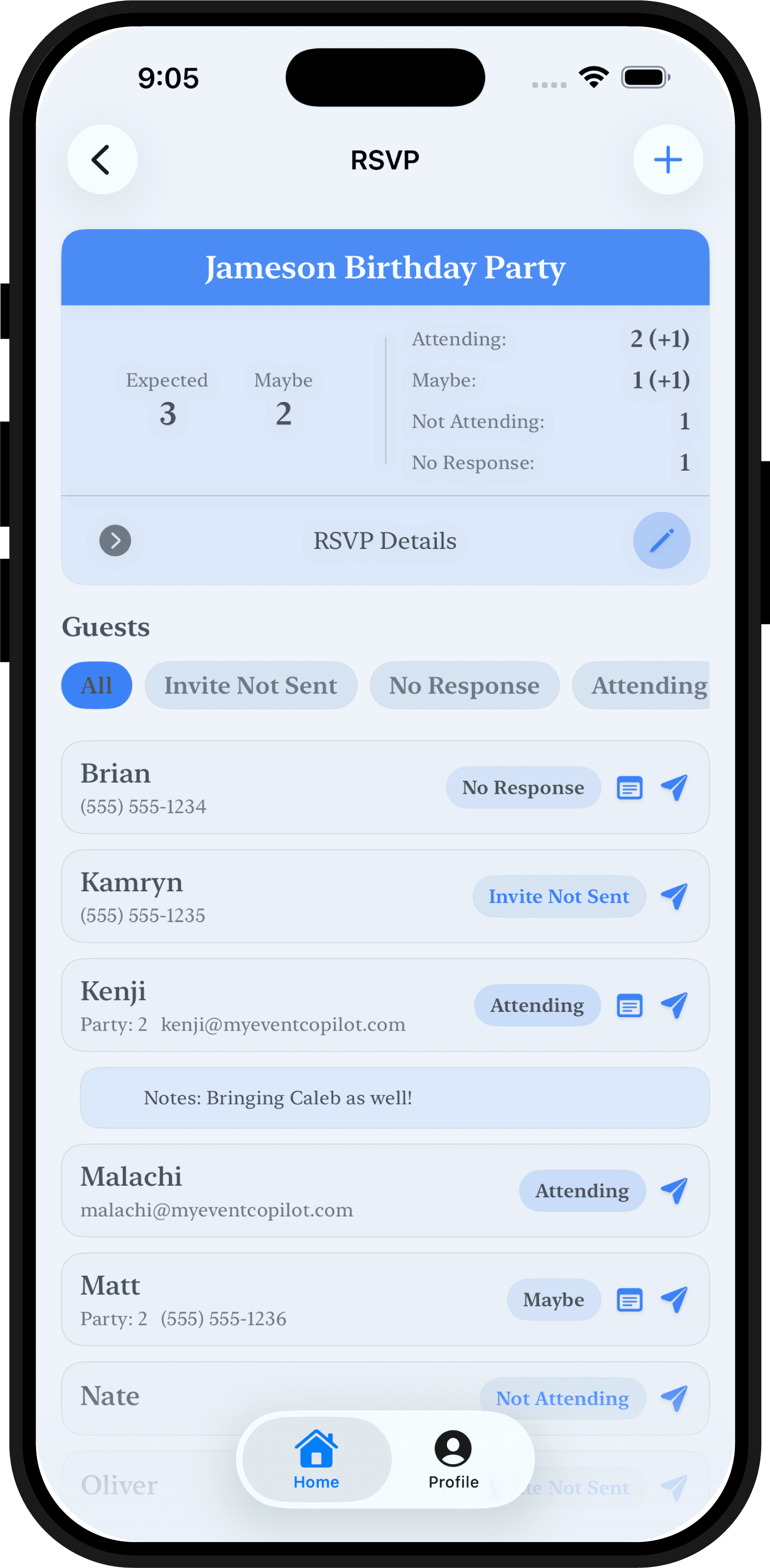 Host view of the RSVP guest list with responses and headcount